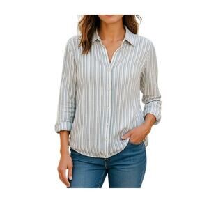 Lucky Brand Cotton Striped Shirt Top Button Front Blue White Large